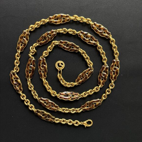 Stunning ST. JOHN Signed Vintage 1980 Vintage St John 40” Long Gold Chain Necklace Amber Enamel Runway Statement